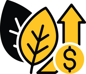 Financial growth and profit concept with yellow leaves and upward arrow around dollar sign icon in flat design