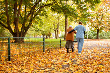 Fototapeta premium Elderly woman taking a walk through the park in autumn with help of walker and caretaker aid
