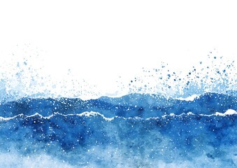 Watercolor painting of blue ocean waves crashing with white foam and spray against a clean white background
