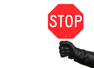 Hand holding a red stop sign isolated on transparent background