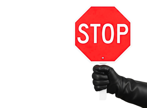 Hand holding a red stop sign isolated on transparent background