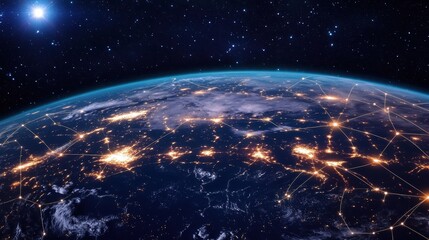 Obraz premium Planet Earth at night showing a network of global trade routes