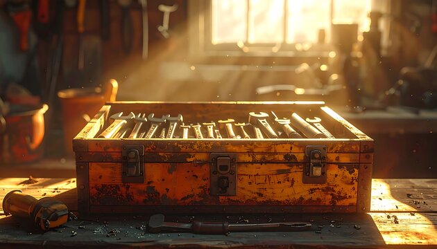 A sunlit, vintage toolbox sits open, filled with wrenches and tools, on a workbench. The scene is in a warm, dusty workshop - Powered by Adobe