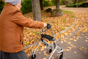 Obraz premium Elderly woman talking a walk through the park with fallen autumn leaves with help of walker aid