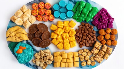 Assorted colorful finger foods arranged on a marble plate