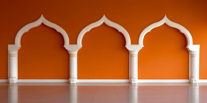 Elegant room showcasing 3 arched doorways with white pillars set against a vibrant orange wall. The sleek tile floor reflects light, enhancing the space's clean, simple design.