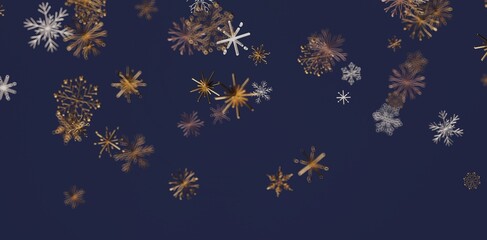 Abstract winter scene with delicate golden and white snowflakes on a deep blue background. Perfect for holiday designs and winter-themed project