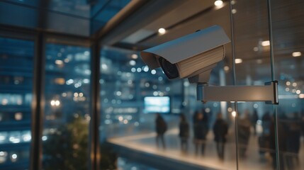 Obraz premium A security camera point of view showing people inside an elevator, representing safety, surveillance, and public infrastructure management in modern smart buildings. cinematic color correction,