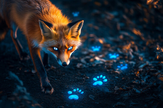 A glowing fox leaving behind trails of neon blue footprints  
