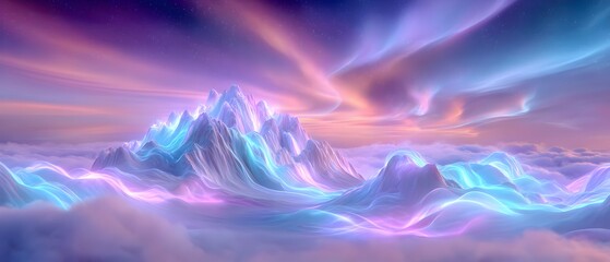 A mountain range is shown in the sky with a purple and blue hue