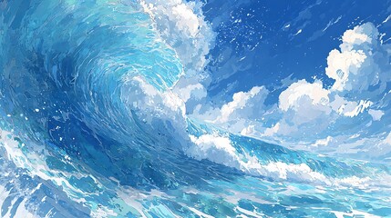 A powerful ocean wave crashes under a bright blue sky with fluffy clouds, evoking a sense of natures might