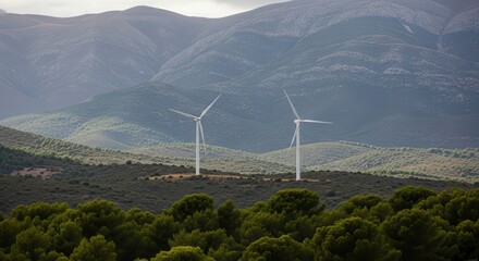 Wind turbines stand tall on a lush green hillside, generating renewable energy amidst rolling mountains under a cloudy sky