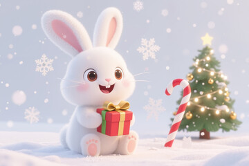 Obraz premium A cute white bunny with a gift in its paws, sitting in the snow with a decorated Christmas tree and a candy cane nearby.