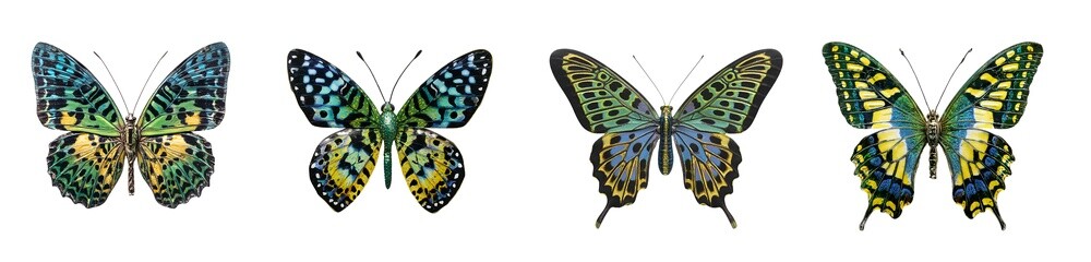 Fototapeta premium set of butterfly (with green, blue, yellow, black patterned wings), front-facing, solid white background