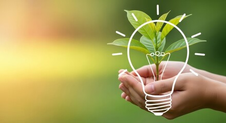 Hands holding a light bulb with a plant growing inside, symbolizing ecofriendly ideas and sustainability