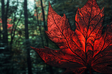A vibrant red maple leaf with intricate veins against a blurred forest