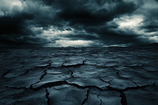 A dramatic, stormy sky over a field of cracked desert mud - Powered by Adobe