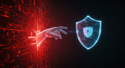 Hand emerging from red digital matrix reaching for holographic cyber shield with lock. Cybersecurity protection and defense concept. Digital security against hacking and data breach illustration.