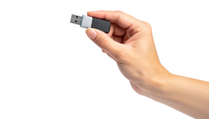 A hand holding a USB flash drive, symbolizing data storage and technology. This image highlights the modern era of data transfer