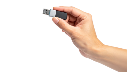 A hand holding a USB flash drive, symbolizing data storage and technology. This image highlights the modern era of data transfer