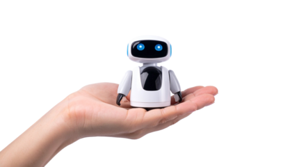A person's hand carefully cradles a miniature robot, emphasizing technology and connection. The robot has a minimalist design with a friendly appearance, representing futuristic innovation