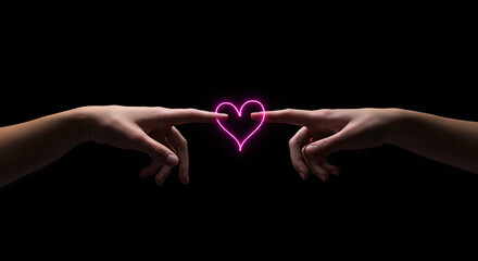 Female hands reaching out touching glowing neon pink heart in darkness. Symbol of romantic love connection and emotional unity. Concept for Valentine's day greetings and relationship bonds in modern