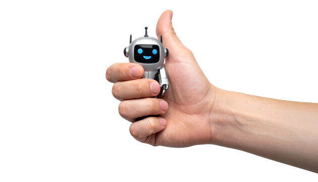 A person's hand holding a small robot, giving a thumbs up. The robot has a cheerful expression
