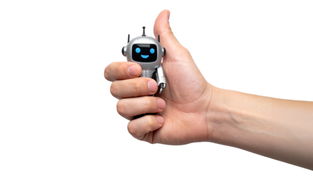 A person's hand holding a small robot, giving a thumbs up. The robot has a cheerful expression