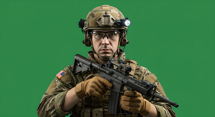 Man soldier wearing tactical helmet with night vision goggles holding assault rifle. Camouflage uniform and american flag patch. Military defense readiness and operation concept for security forces.