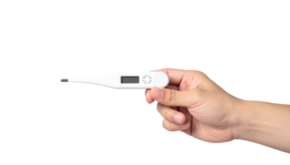 A hand holding a digital thermometer, ready for a reading. The focus is on the object and hand.