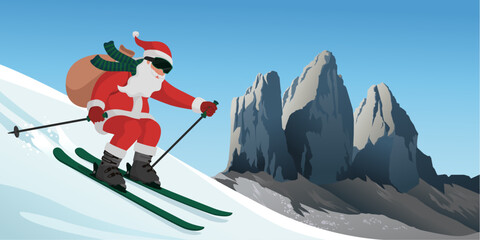 Happy Santa Claus skiing on the Dolomites