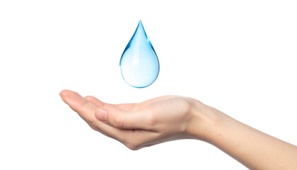 A close-up view of a hand with a water drop, symbolizing environmental protection and cleanliness