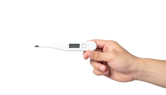 A hand holding a digital thermometer, ready for a reading. The focus is on the object and hand.