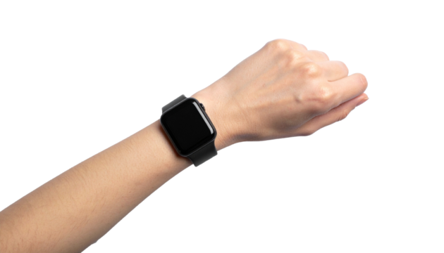 Close-up shot of a wrist wearing a smart watch. The wrist is extended and slightly bent, showcasing the smartwatch