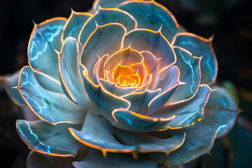 A glowing, metallic spiral succulent from a futuristic botanic lab