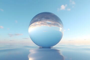 A crystal-clear ball showing a reflection of a surreal sky.