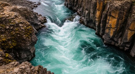 Turquoise river flowing through a rocky canyon with white water rapids