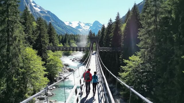 A stunning perspective captures a male and female hiker crossing a picturesque wooden suspension bridge high above a clear, turquoise river. Surrounded by a vibrant green coniferous forest and majesti