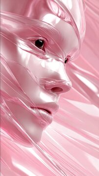 A close-up of a stylized human face with a glossy, pink finish. The face appears smooth and futuristic, surrounded by flowing pink material.