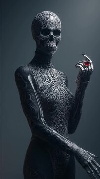 A stylized skeleton figure with intricate black body art holds a red gem. The figure has a skull face and elongated fingers, set against a dark background.