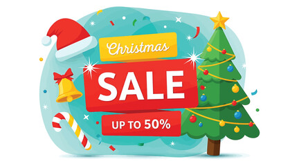 A vibrant christmas sale banner, showcasing a christmas tree, santa hat, bell, and candy cane, with a prominent sale message and a up to 50 discount offer