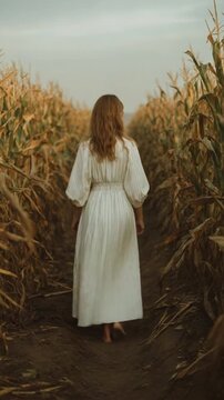 A young Caucasian woman with long brown hair walks through a cornfield. She wears a white dress and is surrounded by tall corn plants under a cloudy sky.