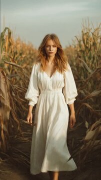 A young Caucasian woman with long brown hair walks through a cornfield. She wears a white dress and appears relaxed in a rural setting during sunset.