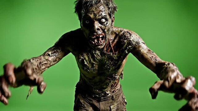 Terrifying zombie creature lunging forward with menacing gaze and decaying flesh, perfect for horror films, Halloween events and scary themed projects