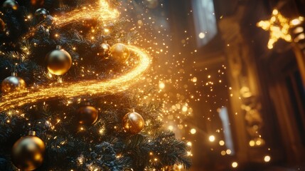 Magical Christmas tree created from golden sparks and lights on a dark background