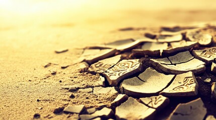 Cracked ceramic shards with remnants of intricate patterns