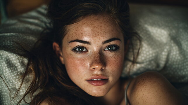beautiful supermodel girl laying in the morning in bed

