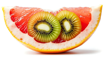 Fresh grapefruit half with two vibrant kiwi slices arranged inside, showcasing colorful and juicy tropical fruit combination