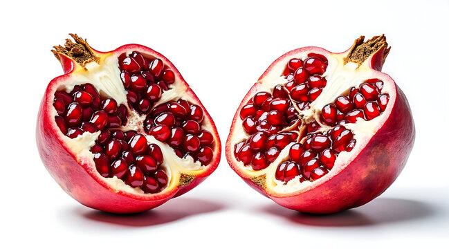 Duo of halved pomegranates facing each other symmetrically with bright red seeds and glossy texture on white background