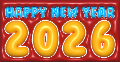 Happy New Year 2026 holiday sale sign with gold 3d text and a red discount symbol design card illustration